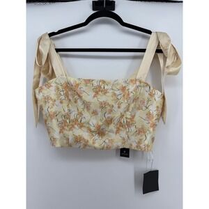 Lulus Floral Corset Crop Top Large Yellow Satin Tie Strap Bustier NWT Festival